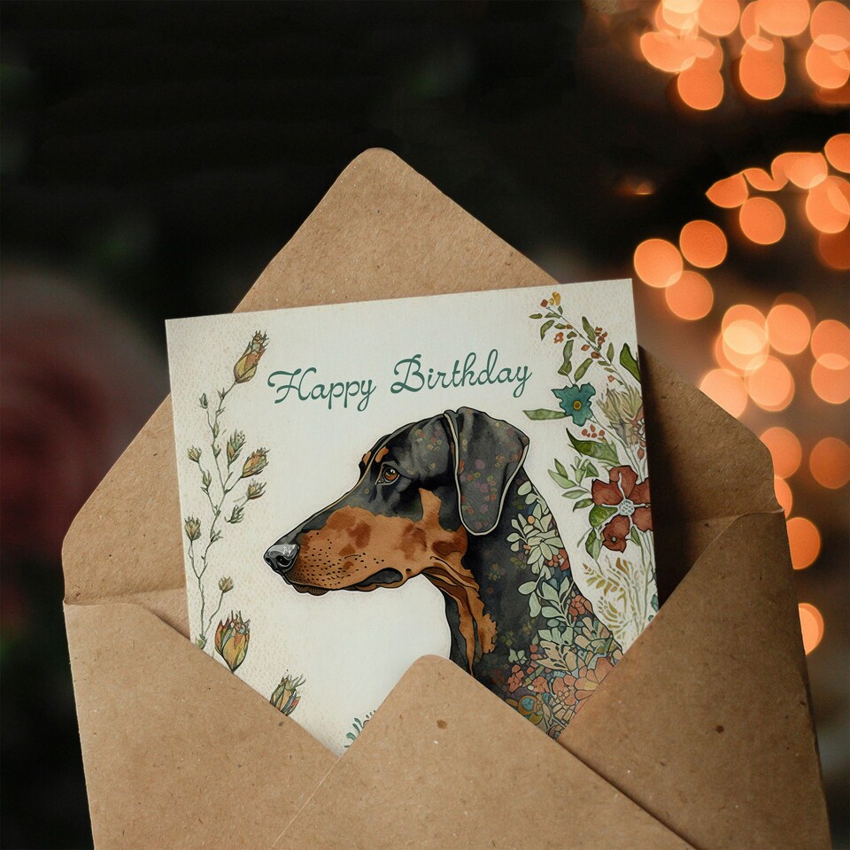 image 1 of Happy Birthday Doberman Dog and Spring Flowers Birthday Card