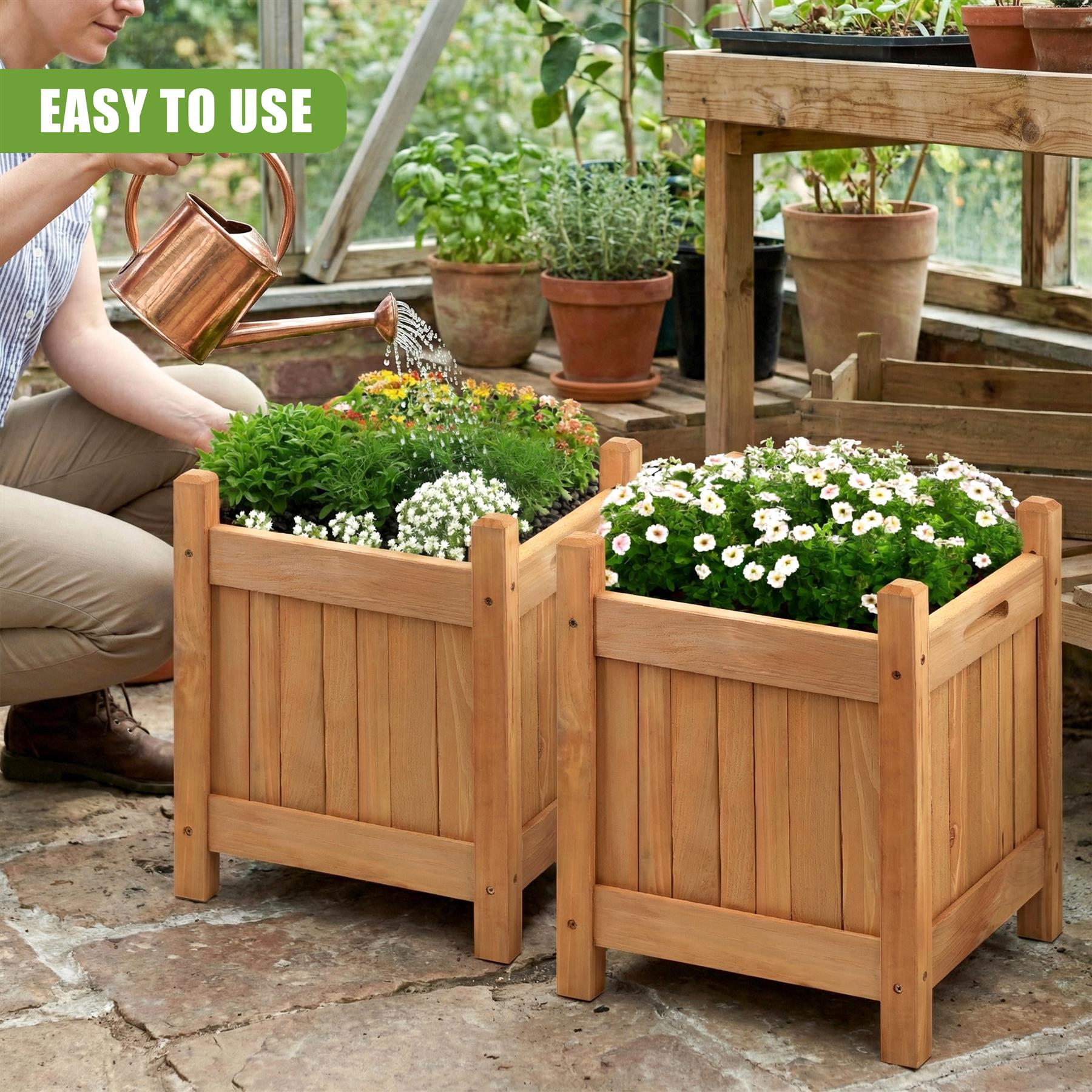 GEEZY Square Wooden Planter Set Of 2 Brown 30cm Wood Flower Pot