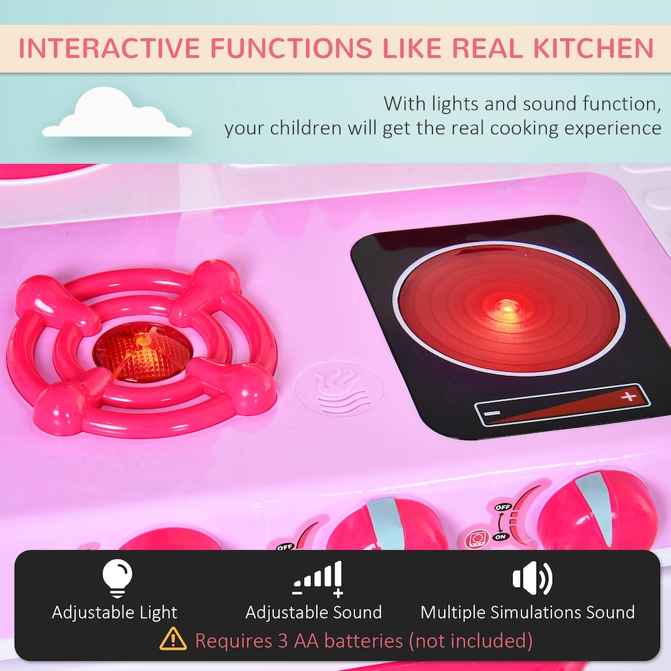 image 1 of HOMCOM 38 Pcs Kids Children Kitchen Play Set with Realistic Sounds Lights Food Utensils Pots Pans Appliances Toy Game Pink