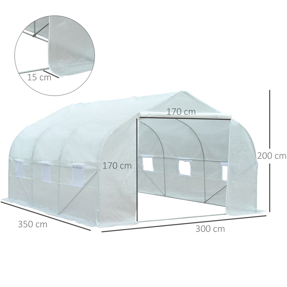 image 1 of Outsunny Walk-In Polytunnel Greenhouse w Roll Up Door Windows, 3.5x3x2 m White