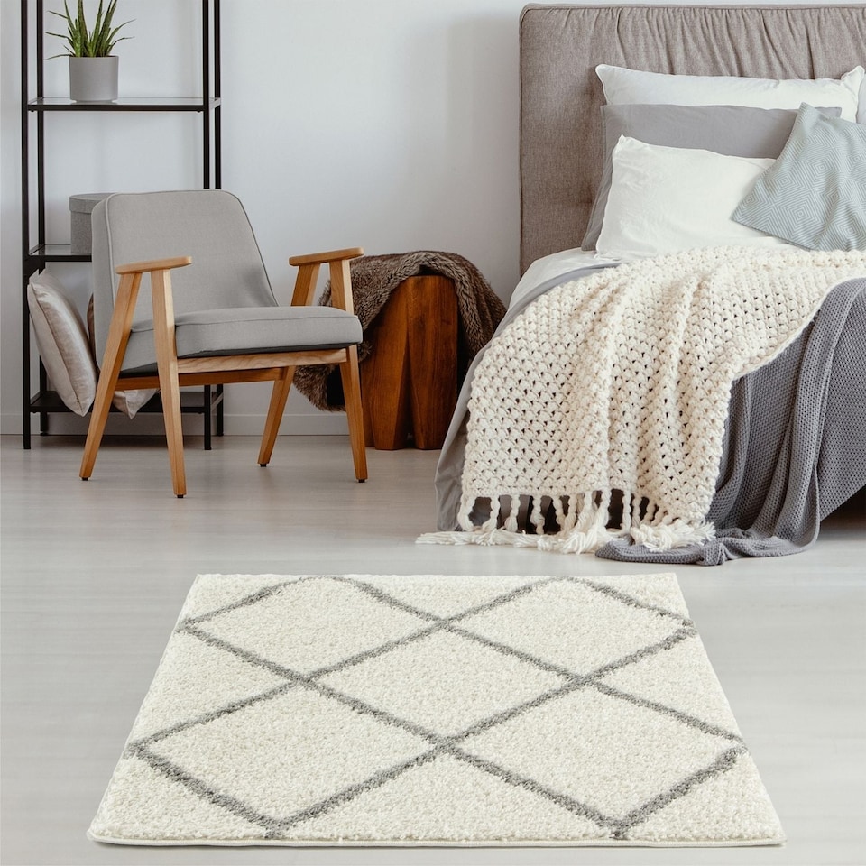 image 1 of The Rugs Moroccan Collection Soft High Pile Shaggy Diamond Floor Rugs and Runners Living Room