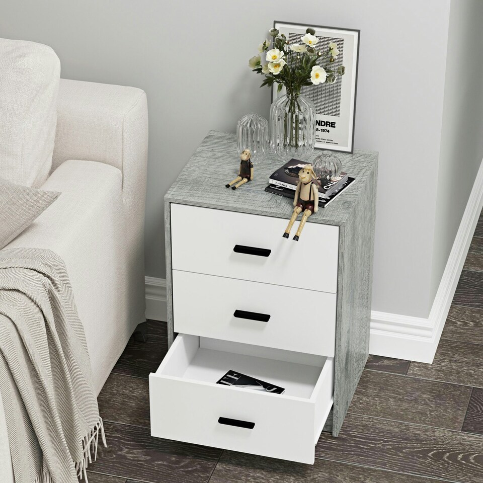 image 1 of Ash Grey 3-Drawer Bedside Table Brown | Accent Colour: Oak