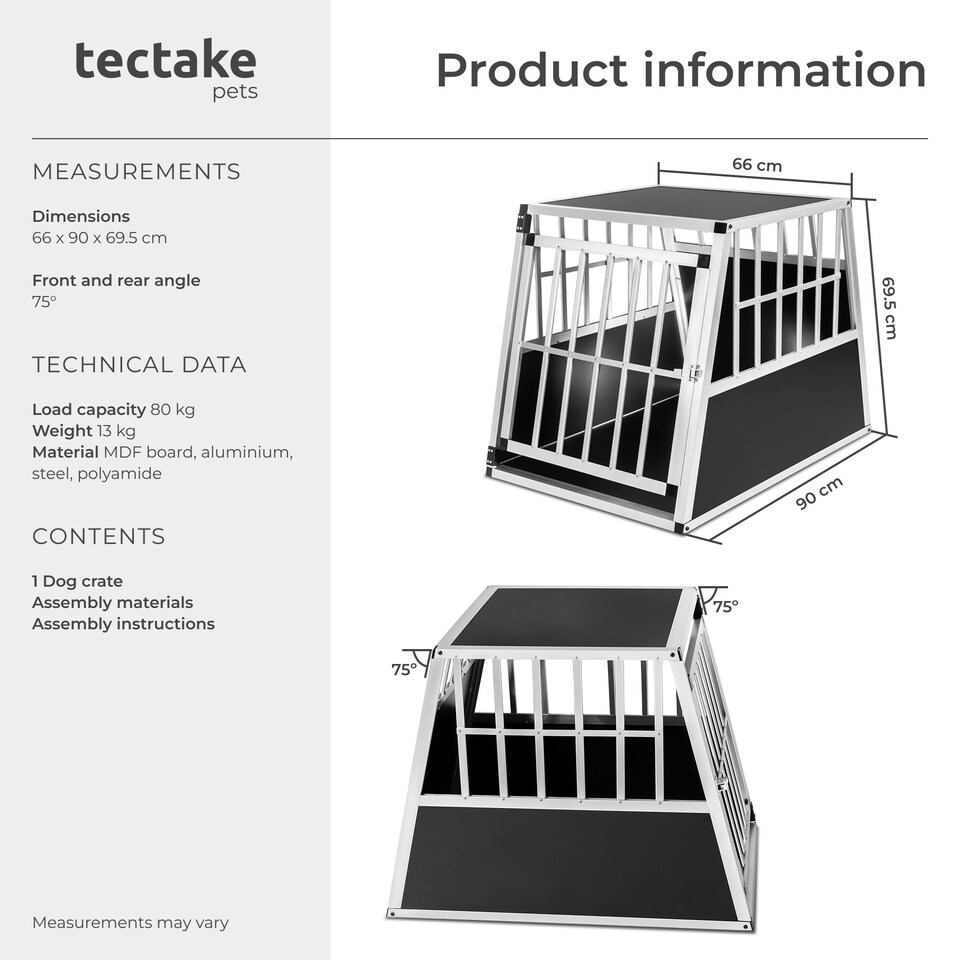 image 1 of Dog Crate - aluminium, angled back wall, lockable, 66 x 90 x 69.5 cm