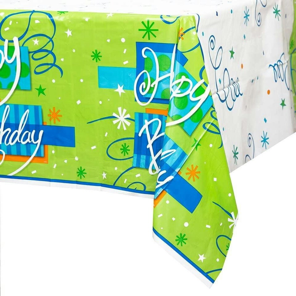 Unique Party Industries Bright Plastic Birthday Party Table Cover - Green/White/Blue - One Size