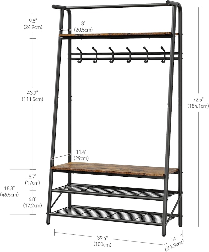 image 1 of London Boutique 4-in-1 Hall Tree with Bench and Shoe Rack, Single Coat Hooks, 100cm