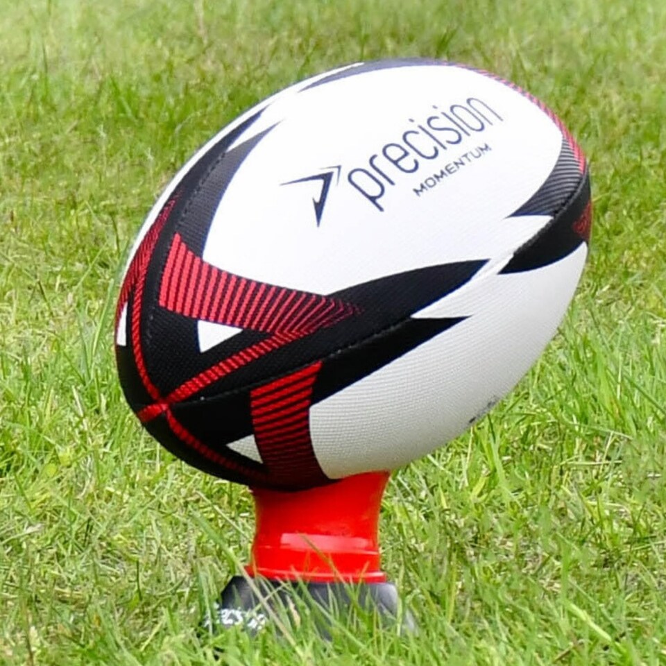 image 1 of Precision Momentum Rugby Training Ball, Premium Rubber, Hand-Stitched, All-Weather Grip, Extra Strong, Ideal For Clubs And Schools, White|Black|Red, Size 4