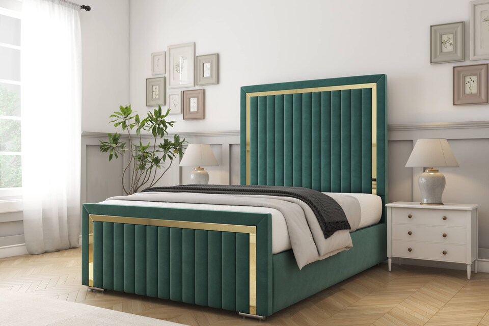 image 1 of Sloomy Boston Gold Emerald Plush Bed Frame With Mattress With 50" Upholstered Headboard 4' Small Double