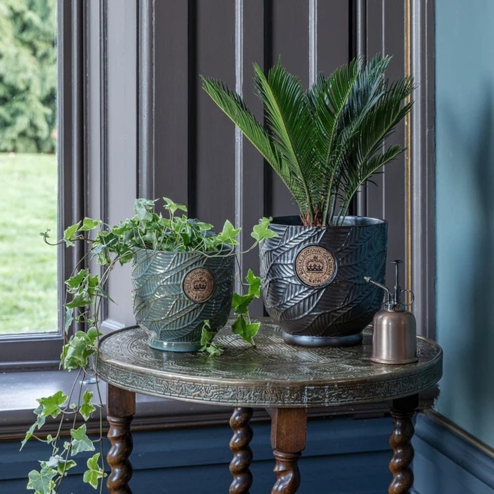 image 1 of Kew Leaf Embossed Cork Planter - Ceramic - L18 x W18 x H18 cm - Charcoal Grey