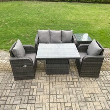 Fimous Wicker PE Rattan Outdoor Garden Furniture Set Height Adjustable Rising lifting Dining Table With Armchair Side Table