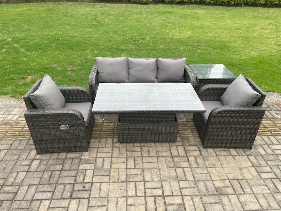 image 1 of Fimous Wicker PE Rattan Outdoor Garden Furniture Set Height Adjustable Rising lifting Dining Table With Armchair Side Table
