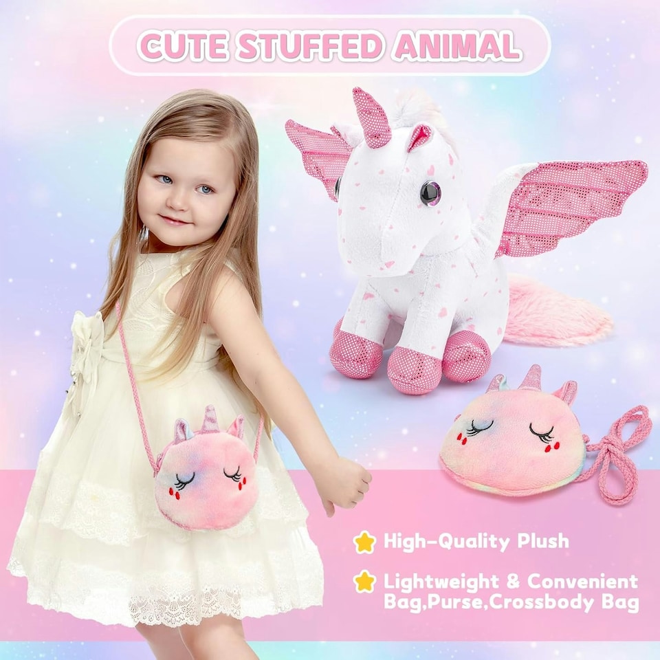 image 1 of Unicorn Plush Toy Set Girls Gift Soft Cuddly Stuffed Animals Toys, Unicorn Soft Toys with CrossBag Brushes Stickers Coloring Book Pink | A5