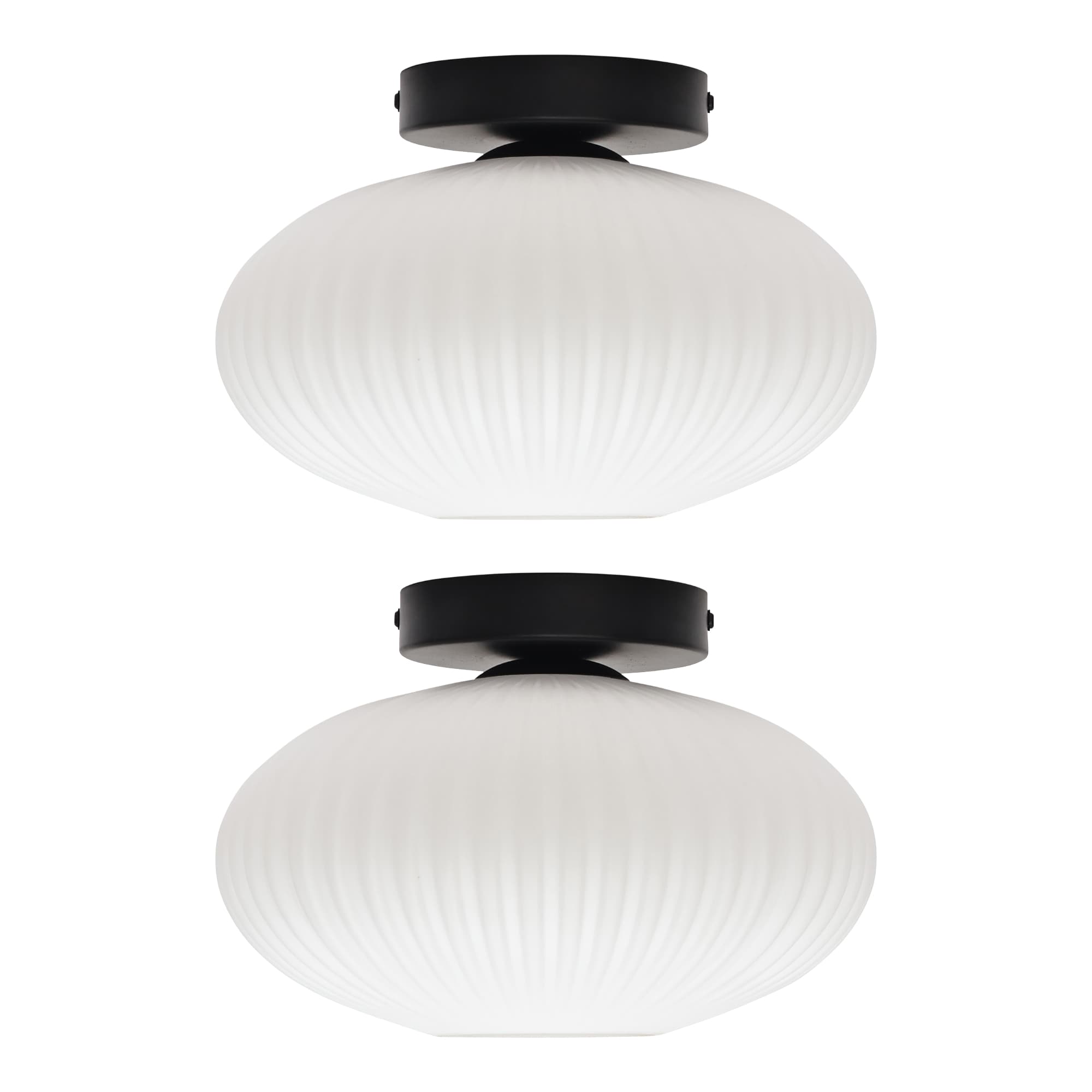 First Choice Lighting Set of 2 Baton - White Ribbed Oval Glass Black Ceiling Lights