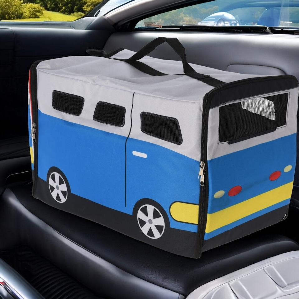 image 1 of Pet Carrier Bag Soft Polyester Kids Bus Themed Small Dog Cat Travel Carry Case | Multi | Blue Camper Bus | 1