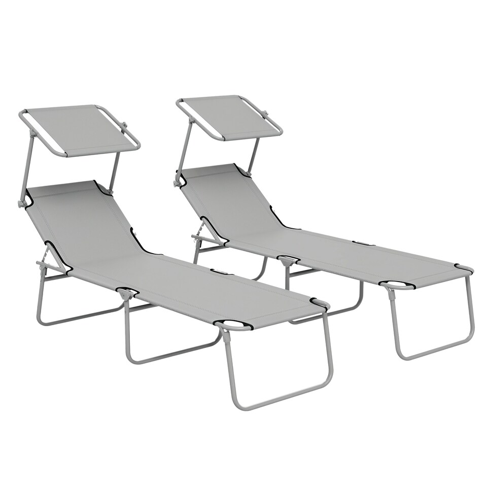 image 1 of Outsunny Folding Sun Lounger Set of 2 w/ Sunshade Adjustable Backrest Light Grey