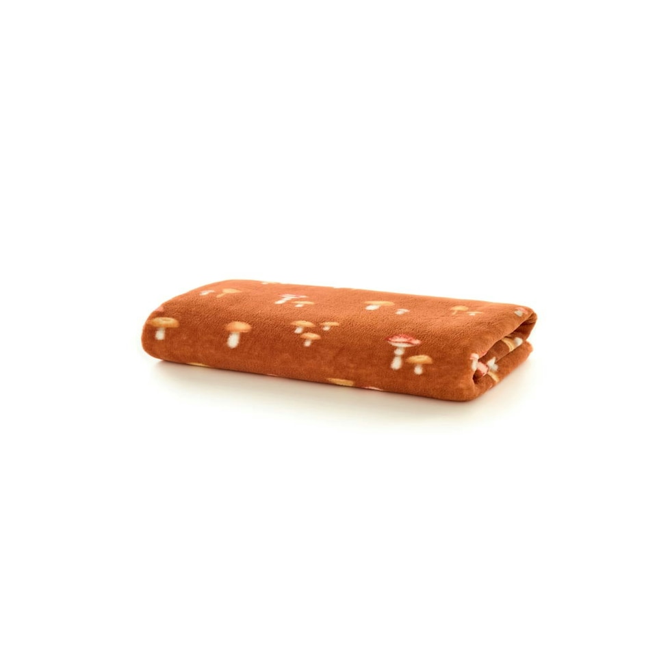 image 1 of Toadstool Scatter Throw – Rust Coloured Blanket Decorated with Mushroom Motifs 140x180cm Multi | Rust