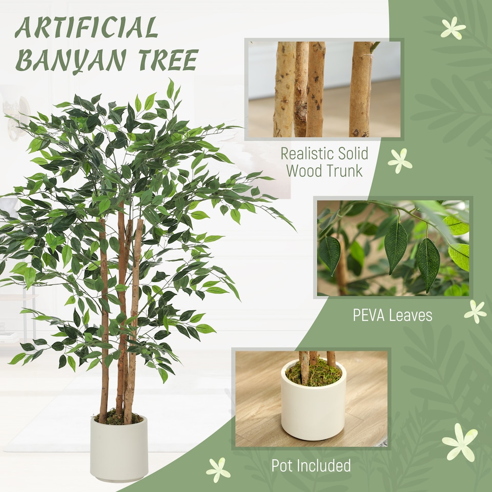 image 1 of HOMCOM 120cm Artificial Banyan Tree, Decorative Artificial Plant with Solid Wood Trunk and Pot for Indoor Living Room Home Office Decor, Green