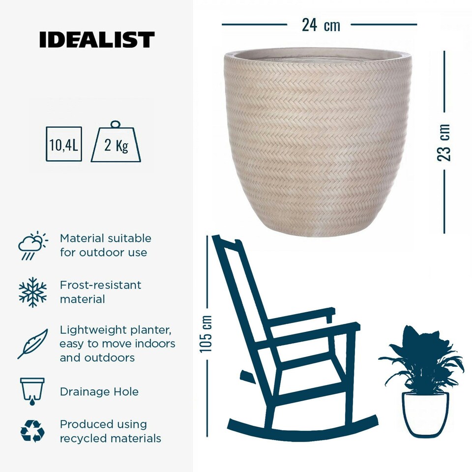 image 1 of Plaited Style Beige Round Garden Planter, Outdoor Plant Pot D24 H23 cm, 10.4 ltrs Cap.