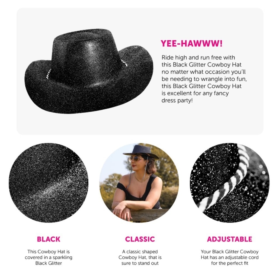 image 1 of Pack of 12 Black Glitter Cowboy Hat Black | One Size