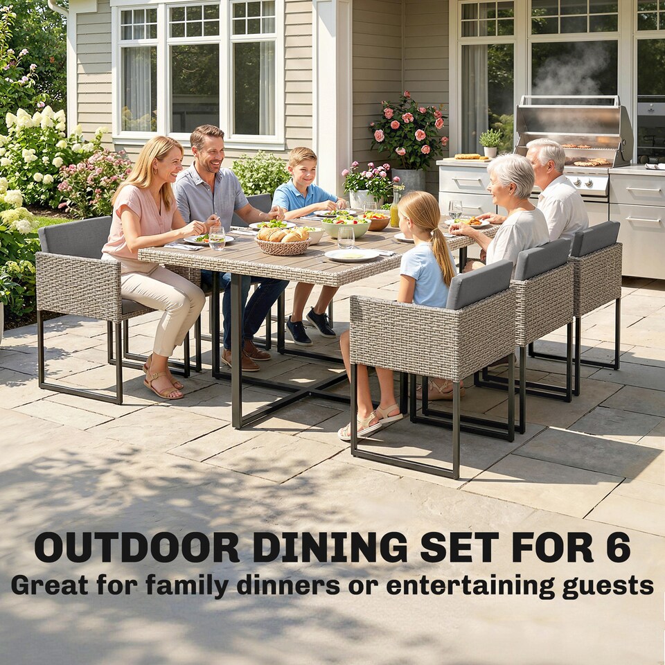 image 1 of Outsunny Rattan Garden Furniture Set, Rattan Table and Chairs with Cushions | Grey | Light Grey | Table: 170 x 165 x 75 cm; Chair: 52 x 50 x 68 cm