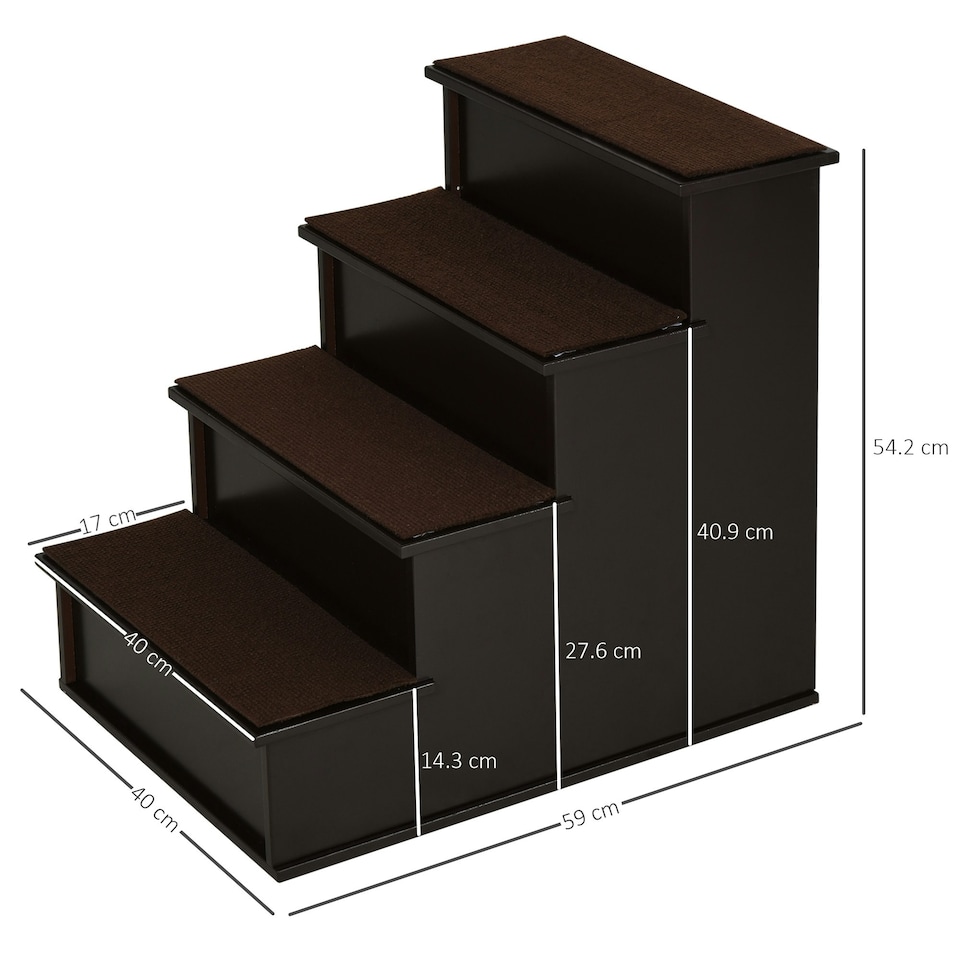 image 1 of PawHut 4 Step Wooden Dog Steps Pet Stairs Cat Ladder for Bed Couch, Dark Brown