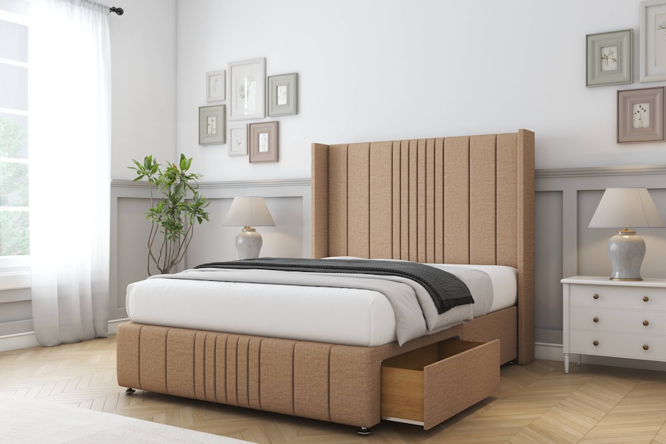 image 1 of Sloomy Hargrave Latte Dumfries Divan Bed With Mattress 2 Drawers Footend With 54" Wingback Headboard & 12" Matching Footboard 4' Small Double | Brown | Latte | Small Double | 1