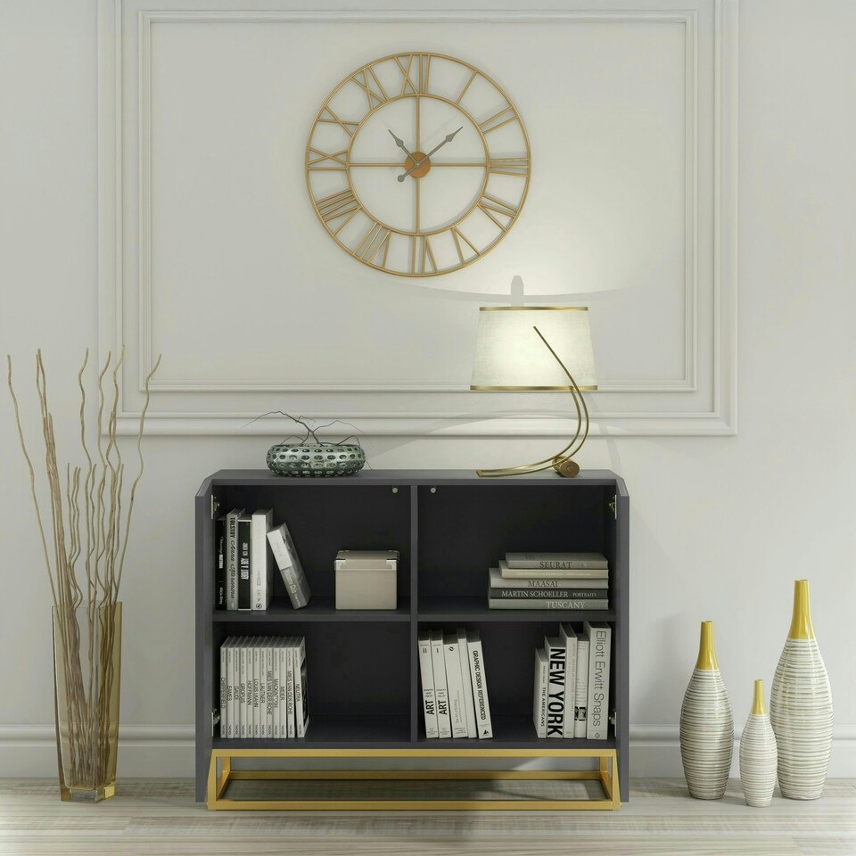 image 1 of Grey Sideboard 100cm Fluted Doors Gold Frame Modern Storage Cabinet Grey