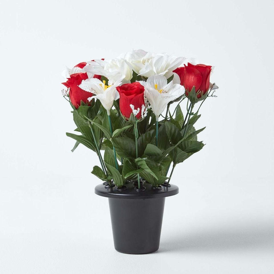 image 1 of Homescapes Set of 2 Red & White Roses & Lilies Artificial Flowers in Grave Vases