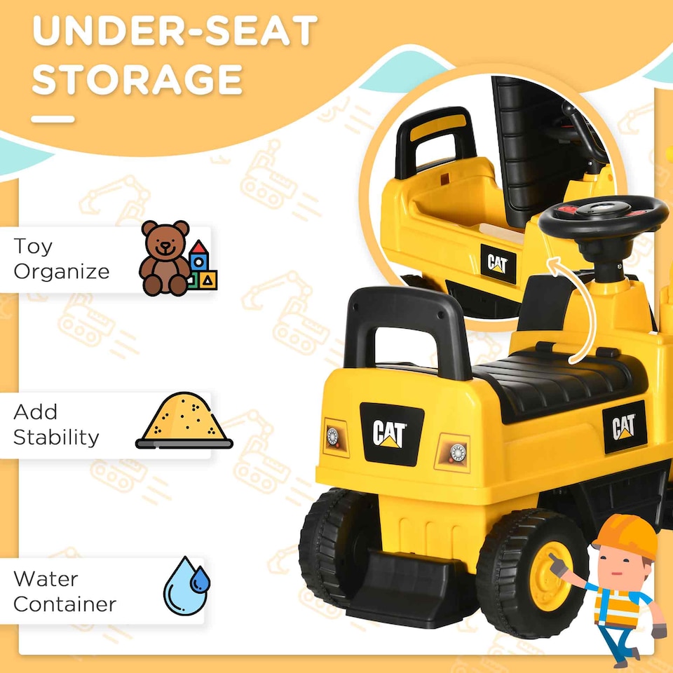 image 1 of HOMCOM CAT Licensed Kids Ride on Digger Toddler Pretend Construction Play Toy Foot-To-Floor Ride-On Toy with Manual Shovel, Horn, Hidden Storage, for Ages 1-3 Years