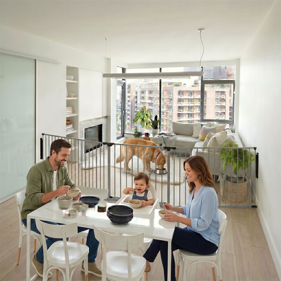 image 1 of Safetots Premium Multi Panel Room Divider, up to 154cm Wide, Grey, 70cm Tall, Flexible Barrier with Door for Baby and Toddler | Grey