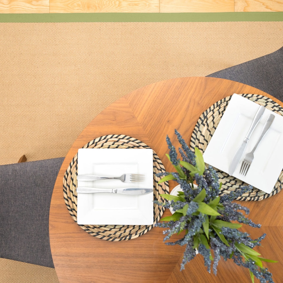 image 1 of KUKOON Beige Natural Jute Herringbone Pattern Non Slip Green Border Rug 80cm x 150cm