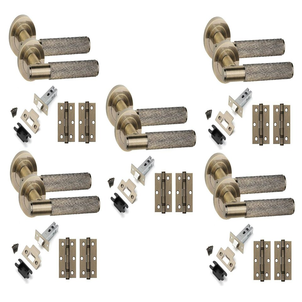 image 1 of Golden Grace 5 Set Straight T-Bar Linear Door Handles in Antique Brass Finish with Tubular Latch and 1 Pair of 3" Ball Bearing Hinges Bronze