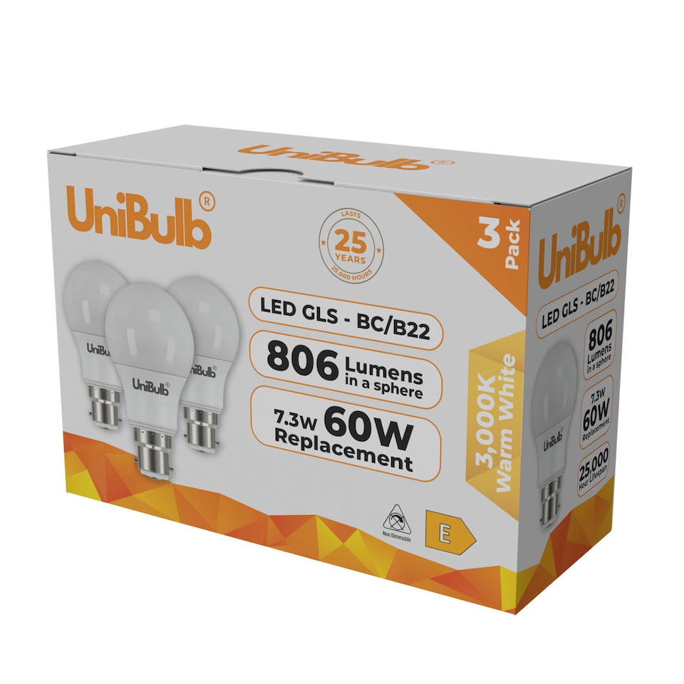 image 1 of UniBulb LED GLS B22 806lm 7.3W 3000K (Warm White) Light Bulb - Pack of 3 | White | Warm White | 3