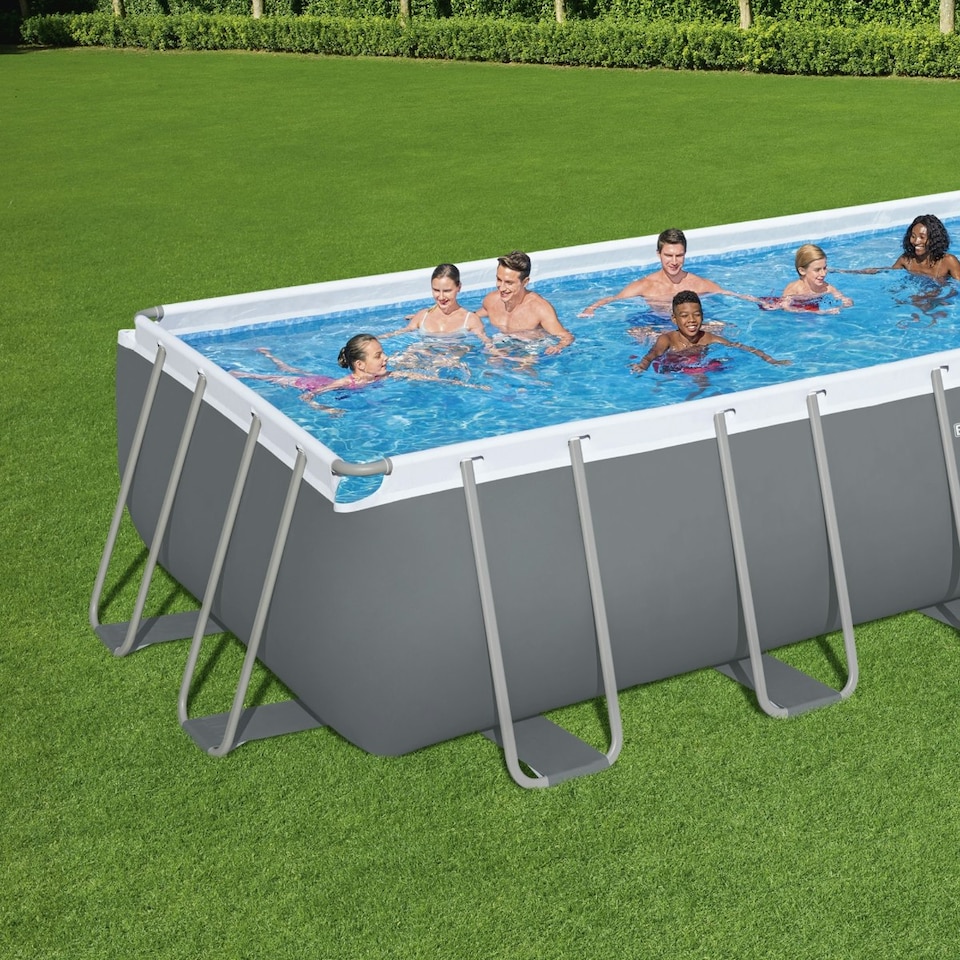 image 1 of Bestway 21ft x 9ft x 52" Rectangular Power Steel Above Ground Swimming Pool, Filter Pump & Accessories
