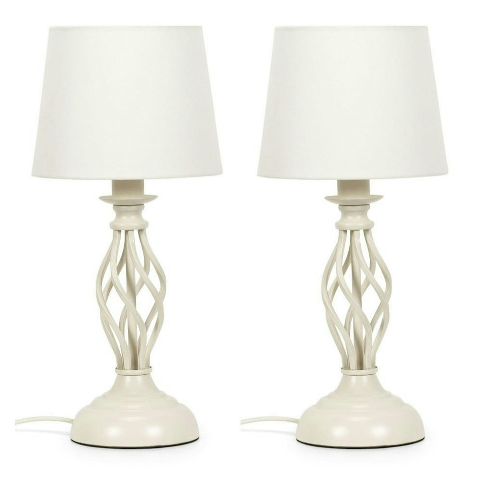 image 1 of ValueLights Memphis Pair of Cream Twist Table Lamps with a Fabric Lampshade Bedside Light - Bulbs Included