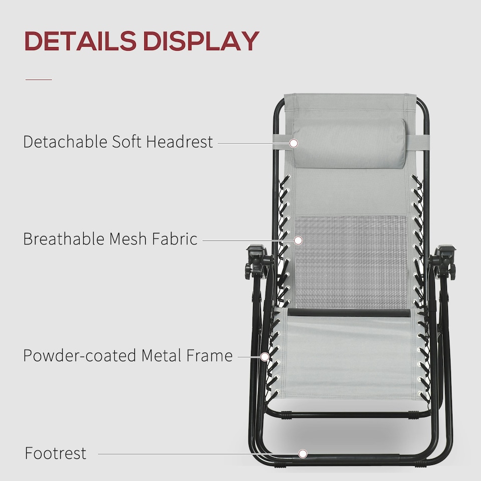 image 1 of Outsunny Foldable Garden Recliner Chair Set of 2 w/ Footstool & Headrest, Grey