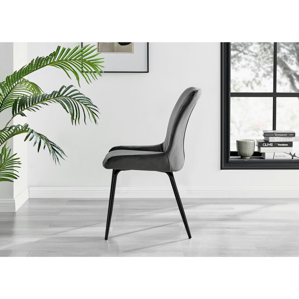 image 1 of Furniturebox 2x Nora Dark Grey Velvet Black Leg Dining Chairs