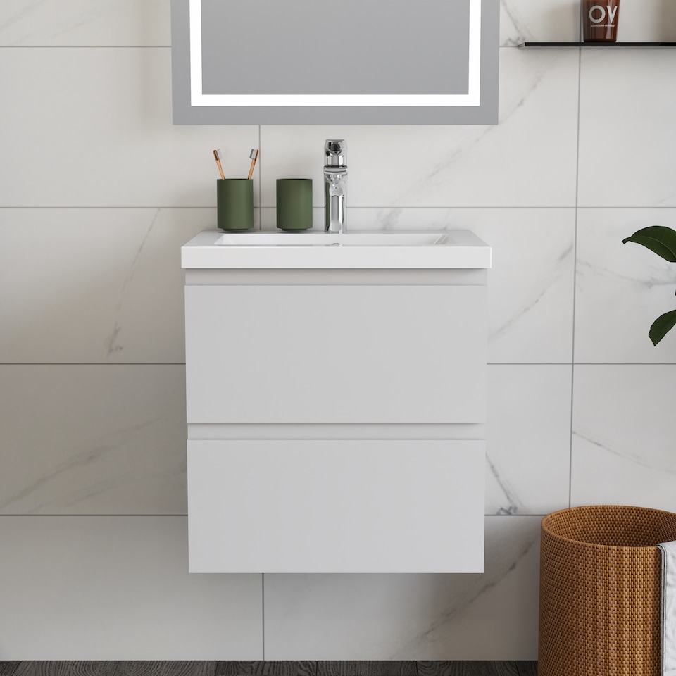 image 1 of AICA 500mm Wall Mounted Bathroom Vanity Unit With Ceramic Basin,2 Soft Close Drawers for Storage,White,Flat packed