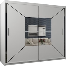 Modern Geometric Mirror Sliding Door Wardrobe 180cm | White/Black/Grey 2-Door Bedroom Cabinet White | White180cm