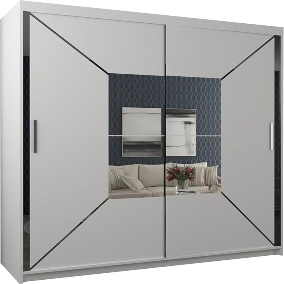 image 1 of Modern Geometric Mirror Sliding Door Wardrobe 180cm | White/Black/Grey 2-Door Bedroom Cabinet White | White180cm