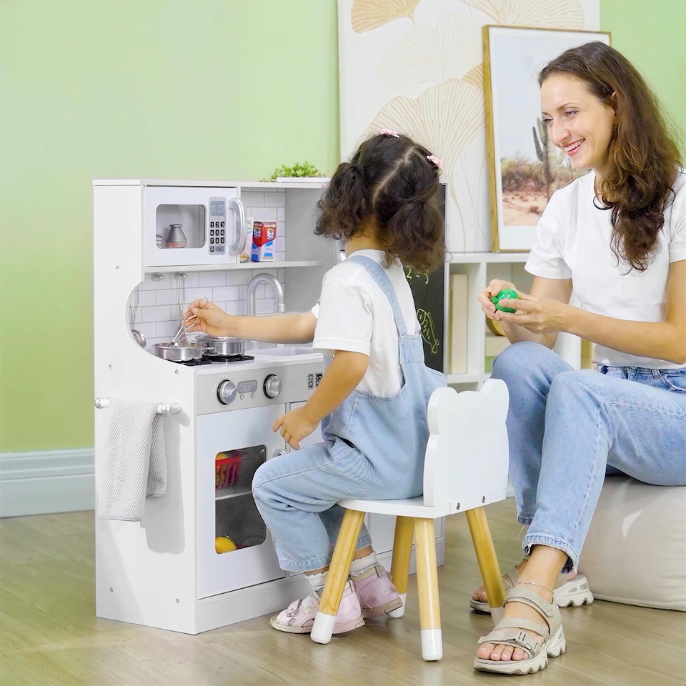 image 1 of AIYAPLAY Play Kitchen, Pretend Toy Kitchen with Toy Phone, Chalkboard, White | White | White
