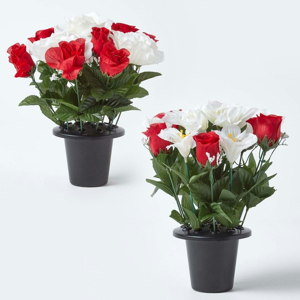 image 1 of Homescapes Set of 2 Red & White Roses & Lilies Artificial Flowers in Grave Vases