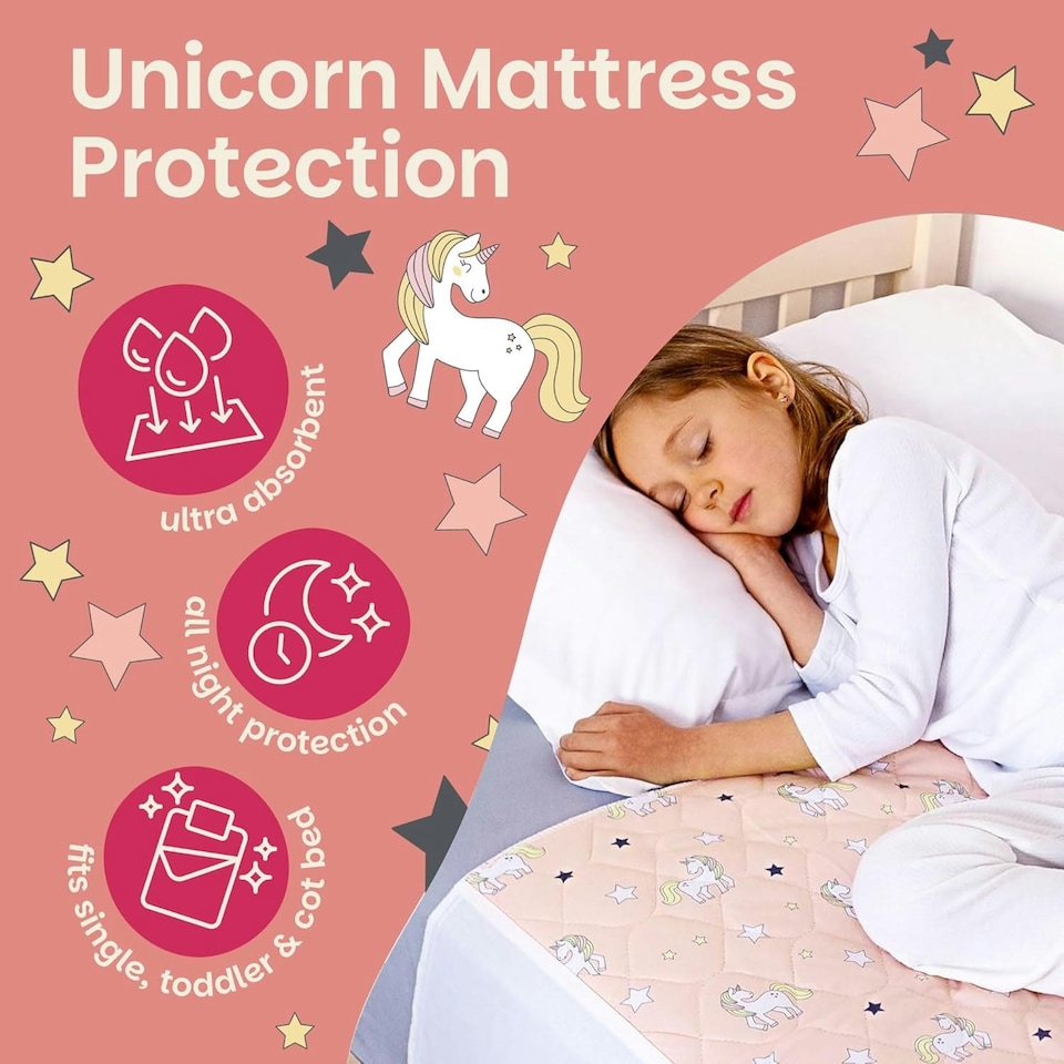 image 1 of Toddler Potty Training Bed Pad with Tucks - Soft Waterproof Bedwetting Pee Protector Mat for Kids - Multi-Layer Non-Slip Washable Absorbs Up to 2000ml 90 x 85cm Pink | Unicorn | Single