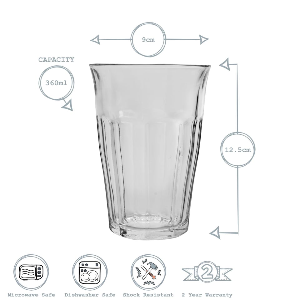image 1 of Duralex Picardie Water Glass without Filling Mark, 360ml, Pack of 6 | Multi | Clear