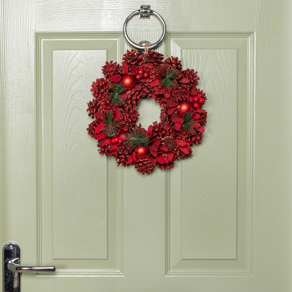 image 1 of 30cm Ruby Pine Hanging Christmas Wreath with Red Pinecones and Berries
