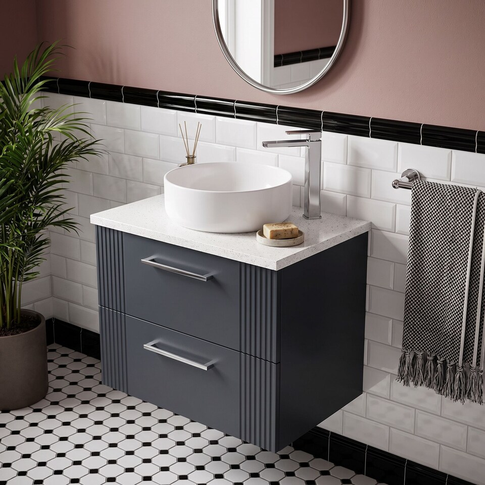 image 1 of Balterley Partial Fluted 2 Drawer Wall Hung Vanity Unit with Sparkling Laminate Worktop | Grey | Satin Soft Black