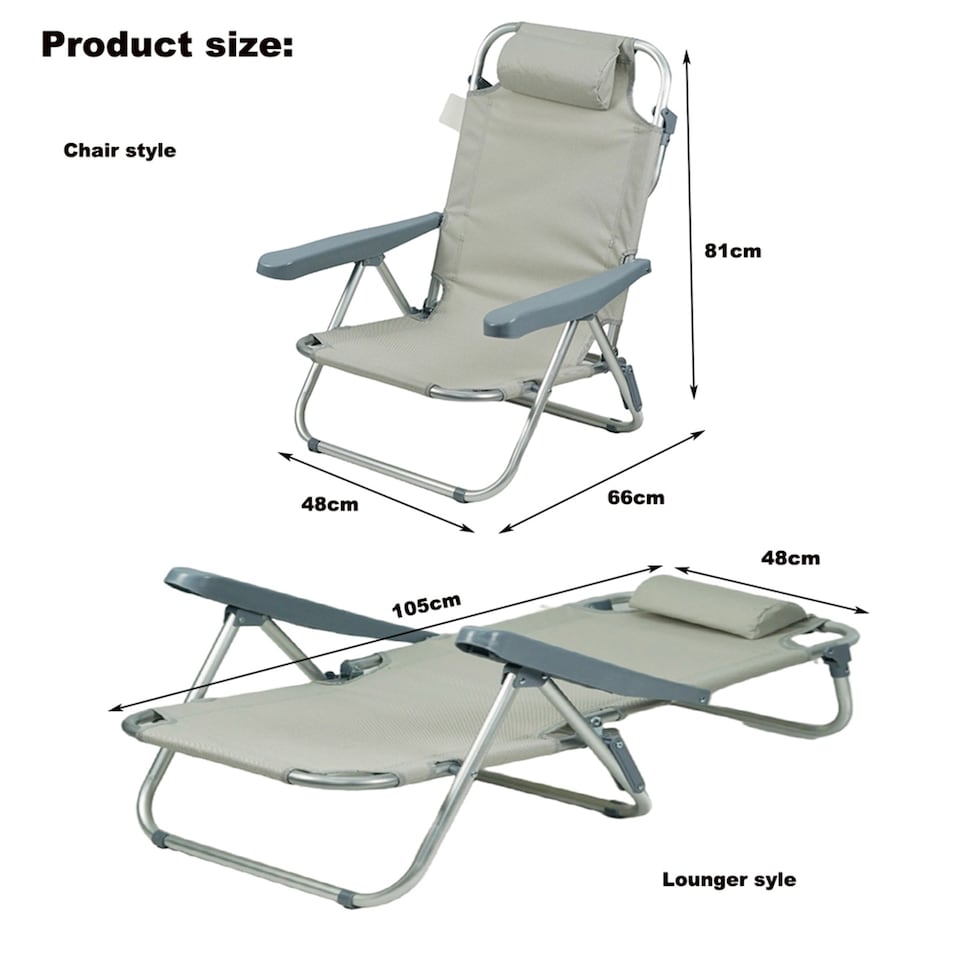 image 1 of Gr8 Garden Grey Folding Beach Deck Chair Portable Sun Bed Lounger 4 Adjustable Position
