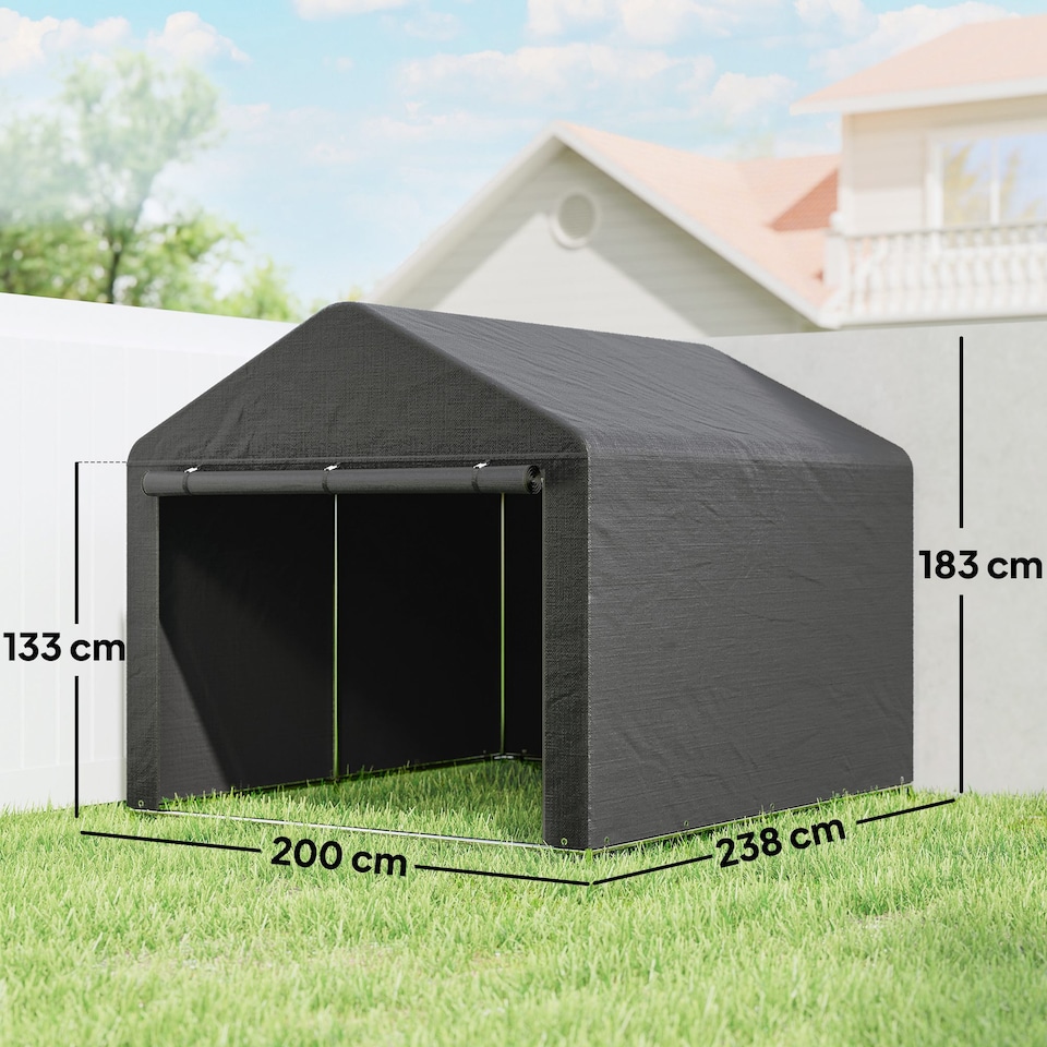 image 1 of Outsunny 6.6 x 7.8ft Outdoor Garden Storage Shed, Waterproof Bike Tent with Roll-up Zipper Door, Galvanised Metal Frame, Portable Shed Shelter Carport for Motorcycle Garden Tools, Dark Grey