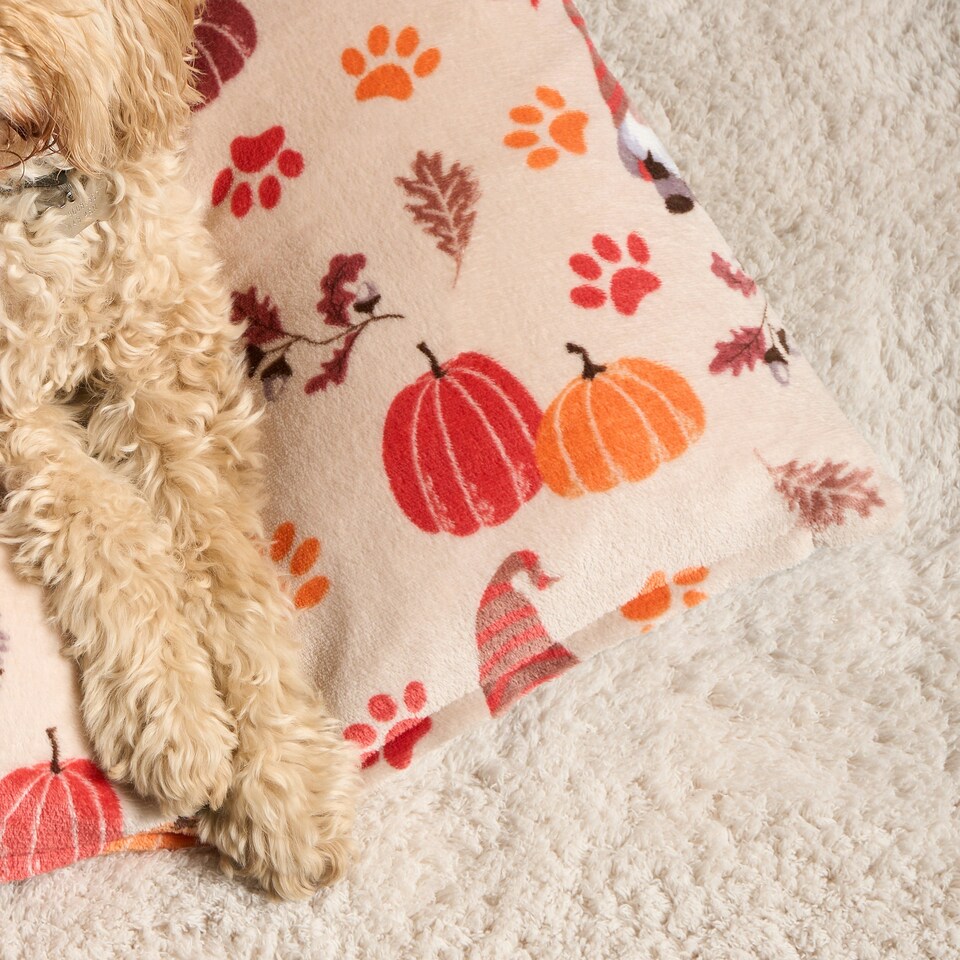 image 1 of OHS Dog Paw Print Soft Plush Plump Cosy Autumn Pumpkin Stripe Leopard Pet Bed Cushion, 80x60cm Brown | Natural - Autumnal | L