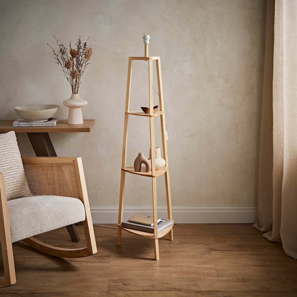 image 1 of ValueLights Hiru Natural Wood 3 Tier Shelf Floor Lamp | Brown
