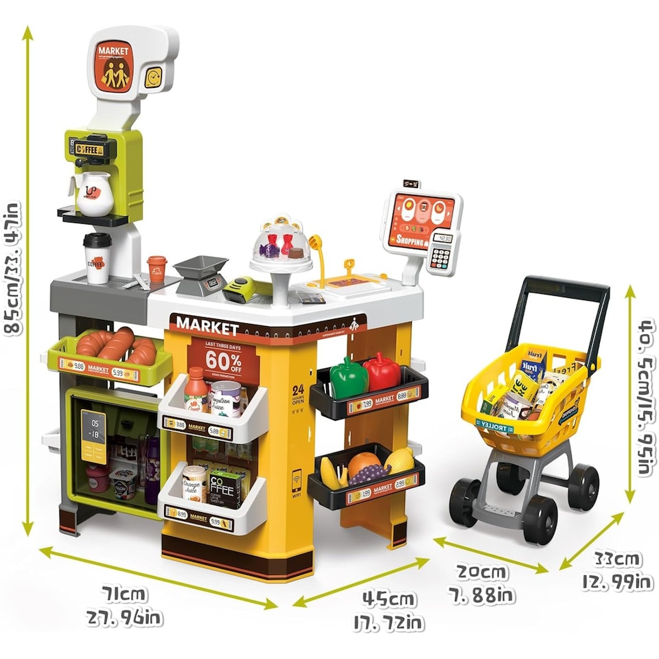 image 1 of Kids Supermarket Pretend Play Set - Cash Register with Scanner, Lights & Sounds, Shopping Cart, 65 Accessories, Play Money, Food Items & Freezer Smoke Effect, Educational Role Play Toy for Ages 3+